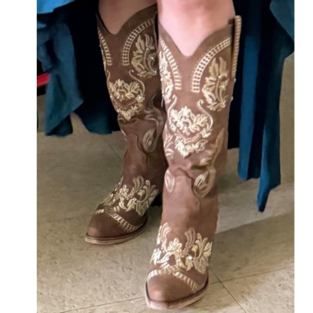 🆕Womens Brown Faux Leather Knee High Cowboy Chunky Heel Tall Western Boots - Picture 2 of 9